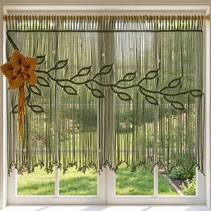 Dark Green Macrame Valance with 3D Mustard Flower, Forestcore Botanical Window Topper