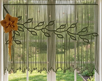 Dark Green Macrame Valance with 3D Mustard Flower, Forestcore Botanical Window Topper