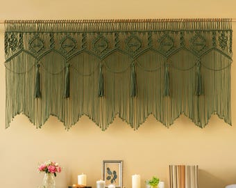 Handmade Macrame Curtain, Olive Green Boho Wall Art Tapestry, Traditional Family Home Decor
