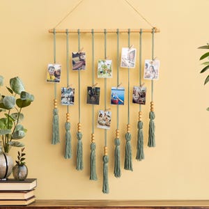 Sage Green Tassel Photo Display Holder, Wooden Beads Clips, Boho Wall Art