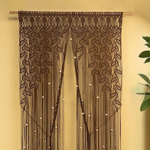 Handmade Brown Macramé Leaf Door Curtain, Extra Long Boho Room Divider 71&quot;, Natural Cotton Privacy Screen, Boho Door Hanging Natural Cotton