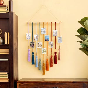 Rainbow Macrame Photo Holder, Hanging Picture Display with Wooden Clips, Tassels, Boho Wall Decor