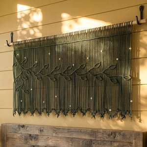 Extra Wide Dark Green Macrame Wall Hanging, Boho Rustic Tapestry, Overhead Board Farmhouse Decor