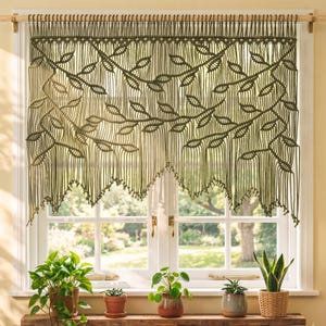 Olive Green Macrame Window Curtain, Botanical Fiber Art, Botanical Home Decoration