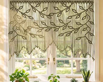 Olive Green Macrame Window Curtain, Botanical Fiber Art, Botanical Home Decoration