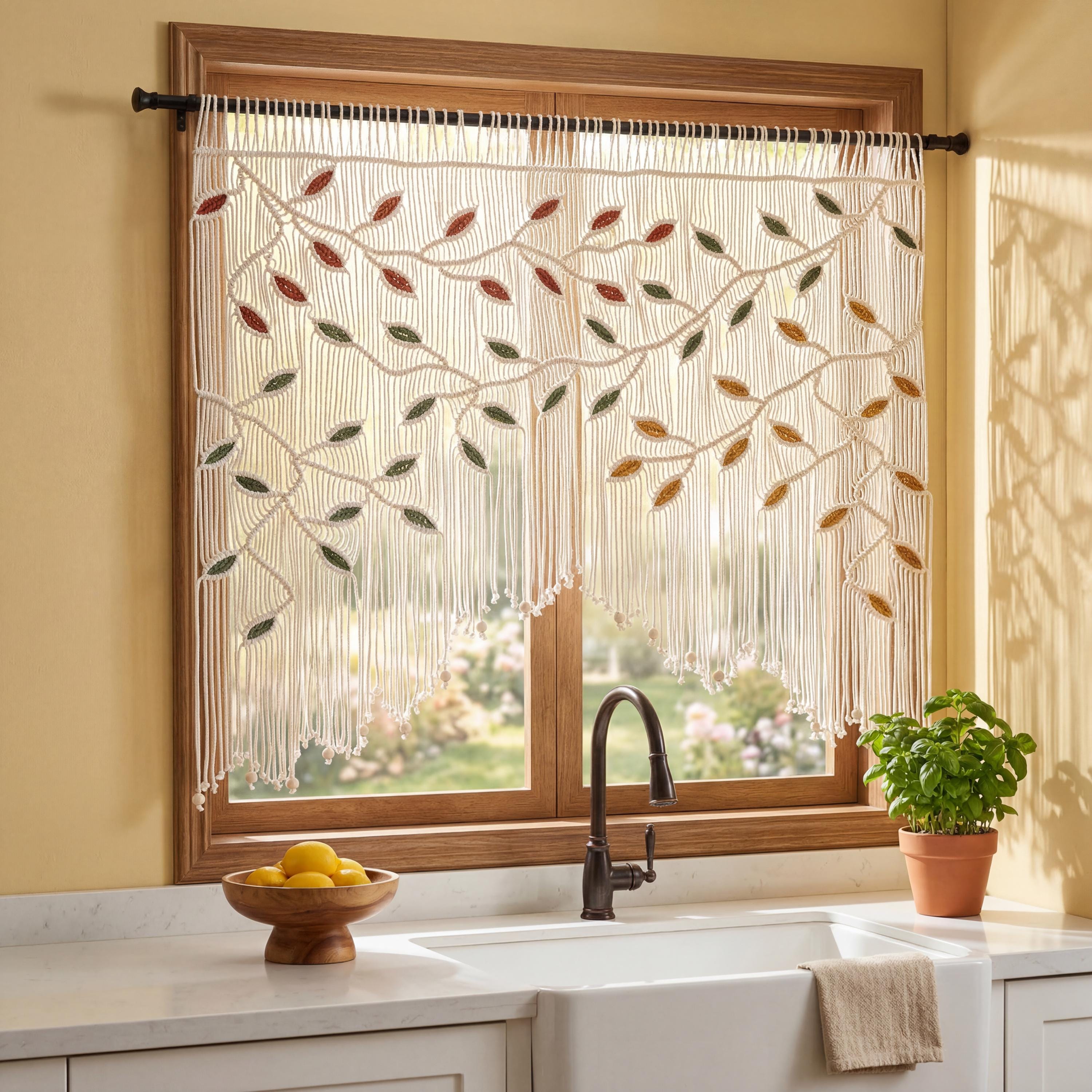 Earthy Window Screen Tri-color Macrame Window Valance, Terracotta Olive Mustard Boho Curtain ...