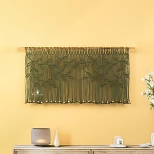 Leaf Macrame Window Valance: Boho Farmhouse Curtain, Olive Green