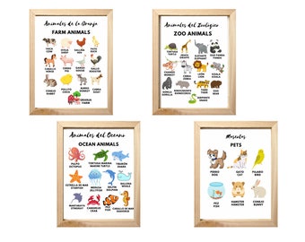 May include: Four illustrated educational posters with wooden frames. Each poster features a different category of animals: farm animals, zoo animals, ocean animals, and pets. The posters are in Spanish and English.