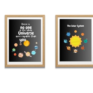 Puede incluir: Dos impresiones enmarcadas con fondo negro y borde blanco. La impresión de la izquierda presenta una cita sobre el universo y los planetas. La impresión de la derecha muestra una ilustración simplificada del sistema solar con el sol y los planetas.