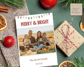 Merry and Bright Holiday Card, Christmas Photo, Template Design