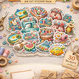May include: A selection of die-cut sewing stickers with colourful illustrations of sewing-related items. The stickers include images of sewing machines, spools of thread, buttons, and other craft supplies. The stickers are packaged with a tag that says "30 Stickers".