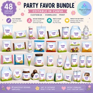 May include: A collection of party favor templates with the text "Thank You!" on various containers, including bags, boxes, and bottles. The image also includes text that says "Party Favor Bundle" and "Editable in Canva".