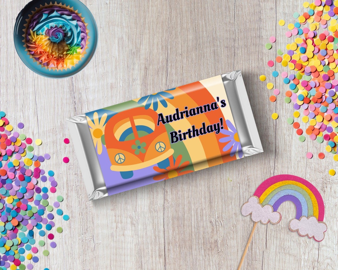 Editable Hippie Rainbow Candy Bar Wrapper 70s Retro Chocolate Bar Label ...