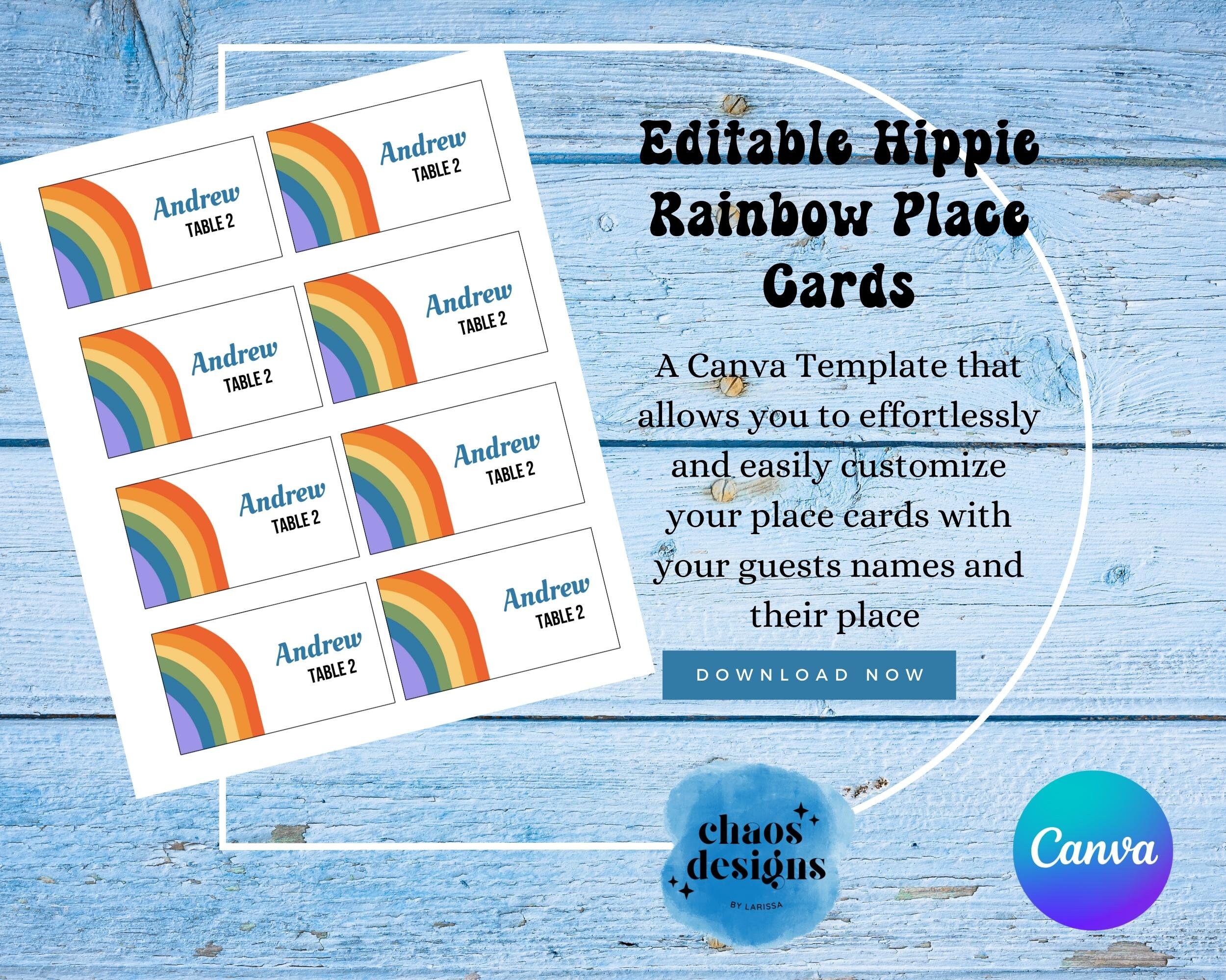 Editable Hippie Rainbow Place Cards 70s Retro Vibe Table Assignment ...