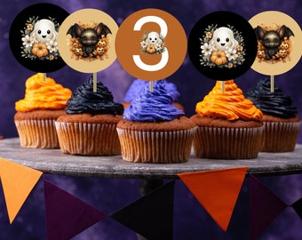 Halloween Birthday Cupcake Toppers, Printable 2" Circle Cake Topper, 3rd Bday Party Decorations, Halloween Decor Digital Download, CD020