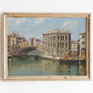 Venice Rialto Bridge Vintage Painting | Antique Venice Poster with View of Rialto Bridge Grand Canal | Venice 19th Century Wall Art