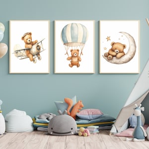 Cute Bear NURSERY DECOR 3PC Set, Nursery Baby Bear Posters, Boho Nursery Prints, Gender Neutral Nursery Art Bundle