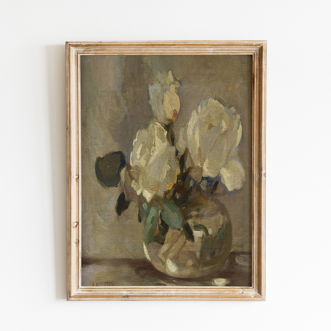 Vintage Neutral Rose Painting | Still Life With Flowers Antique ...