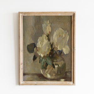 Pintura de rosas neutrales vintage / Naturaleza muerta con flores Arte imprimible antiguo / Rosas blancas elegantes antiguas en un cartel floral de jarrón / GG 50