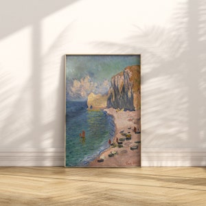 Arte costero vintage francés / Cartel clásico francés de playa y acantilados de Etretat / Pintura costera francesa antigua / Estética costera suave