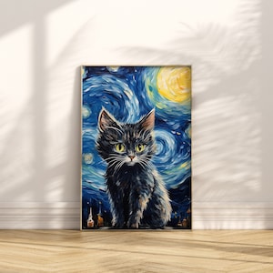 Noche estrellada de Van Gogh con cartel de gato negro / Pintura de gato negro imprimible / Noche estrellada con lindo gatito arte de pared descargable
