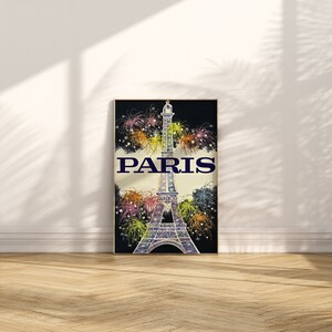 Printable Vintage Paris Eiffel Tower Fireworks Poster, Downloadable Digital Wall Art, France Travel Poster