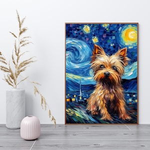 Noche estrellada de Van Gogh con cartel de Yorkshire Terrier / Pintura de Yorkshire Terrier imprimible / Noche estrellada con arte de pared descargable de Yorkie