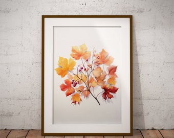 Autumn Decor Wall Art | Beautiful Printable Poster of Autumn Leaves | Fall Botanical Decor | Fall Leaves Watercolor Painting