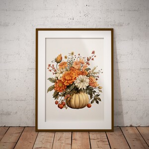 Autumn Decor Wall Art | Beautiful Printable Poster of a Fall Flower Bouquet in a Pumpkin Vase | Fall Floral Decor Watercolor Painting