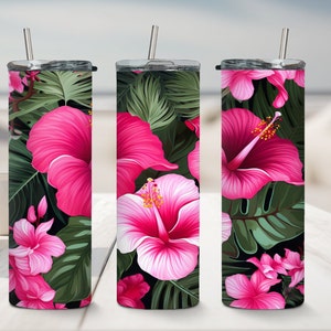 Tropical Flowers Tumbler 20oz skinny tumbler sublimation design downloads Spring Flower wrap digital download PNG