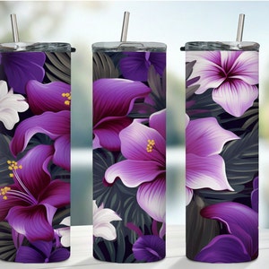 Tropical Flowers Tumbler 20oz skinny tumbler sublimation design downloads Spring Flower wrap digital download PNG