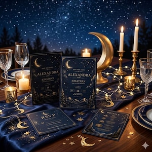 Midnight Celestial Hochzeitseinladung, Navy Gold Sternennacht (Digitaler Download)