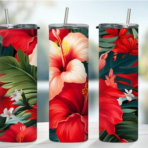 Tropical Flowers Tumbler Wrap 20oz skinny sublimation design downloads Spring Flower tumbler digital download PNG