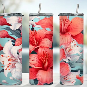 Tropical Flowers Tumbler 20oz skinny tumbler sublimation design downloads Spring Flower wrap digital download PNG