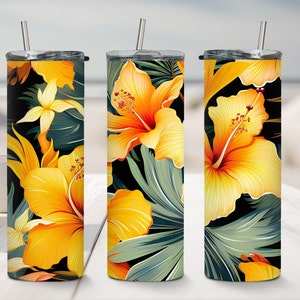Tropical Flowers Tumbler 20oz skinny tumbler sublimation design downloads Spring Flower wrap digital download PNG