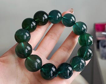 Bracelet de perles d'aigue-marine béryl vert rare, pierre précieuse de qualité collectionneur aux vertus curatives (17-18 mm)
