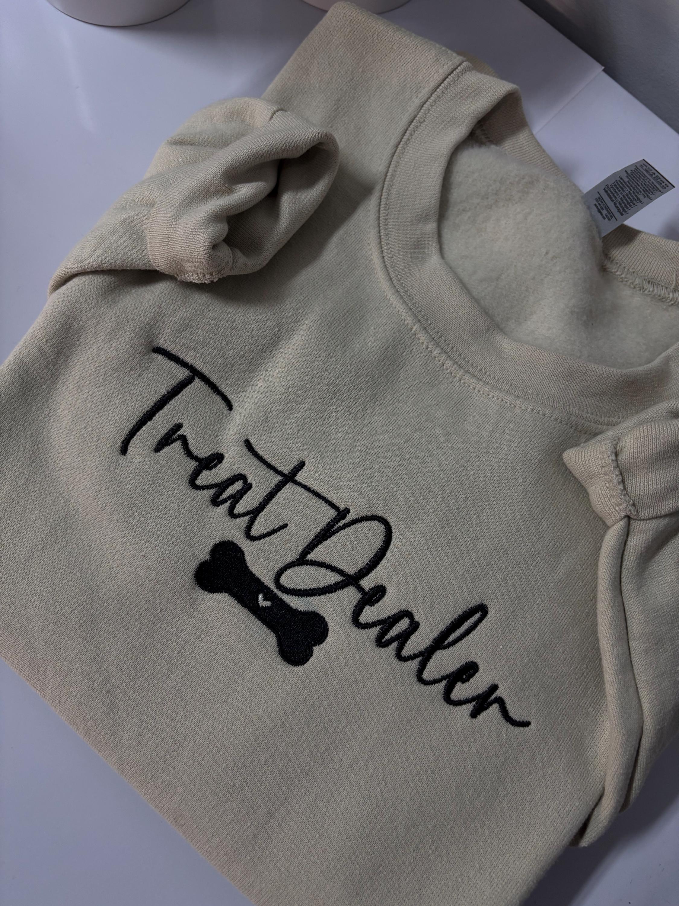 Treat Dealer” Dog Lover Hoodie/Crewneck – Sand Color, Embroidered Sweatshirt, Pet Lover Gift, Trendy Minimalist Design - Thumbnail 4