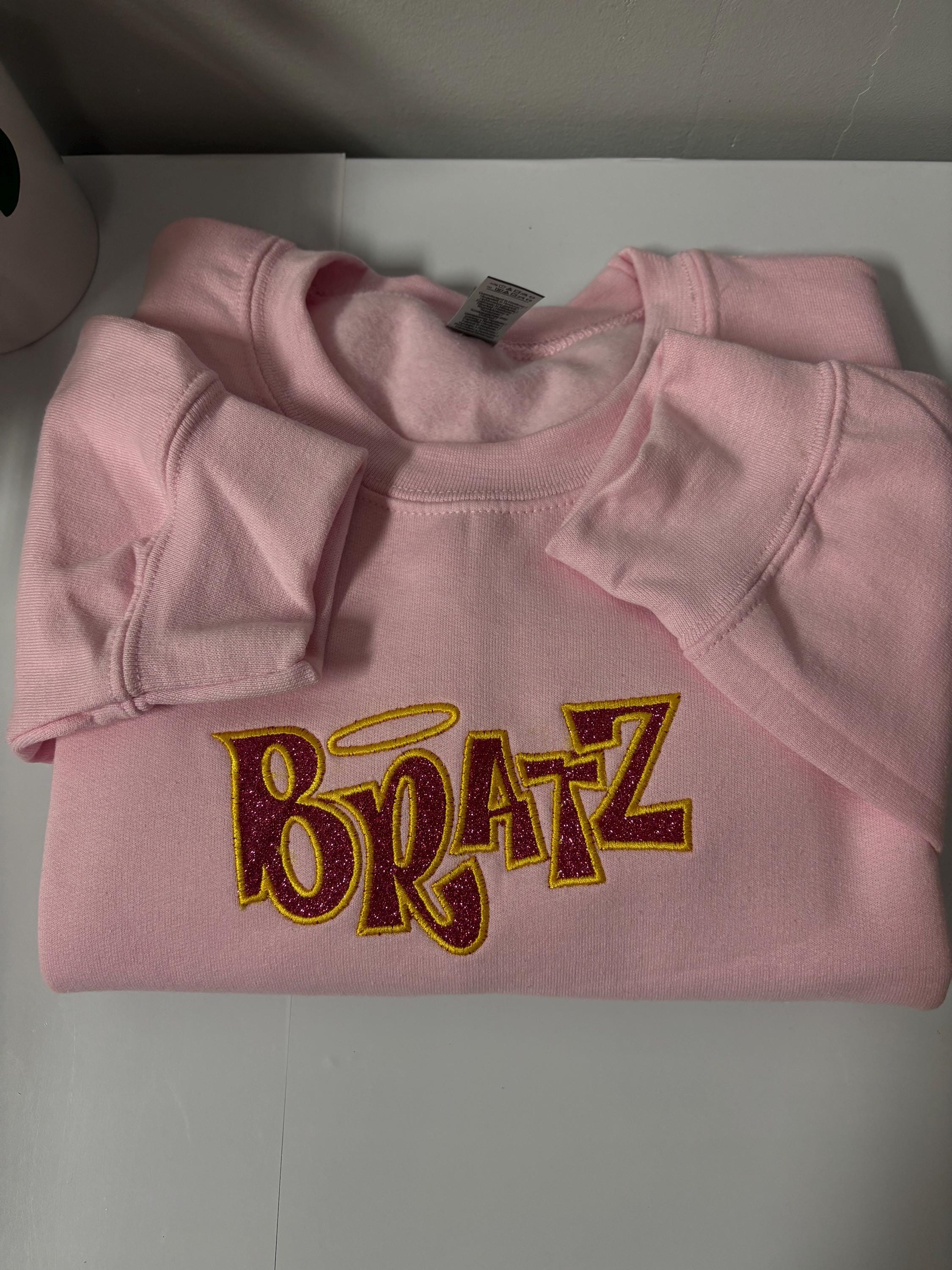 Custom Y2K Inspired Pink Crewneck  Glitter Applique Embroidered Sweatshirt, Retro Doll Aesthetic Trendy Personalized Sweater - Thumbnail 2