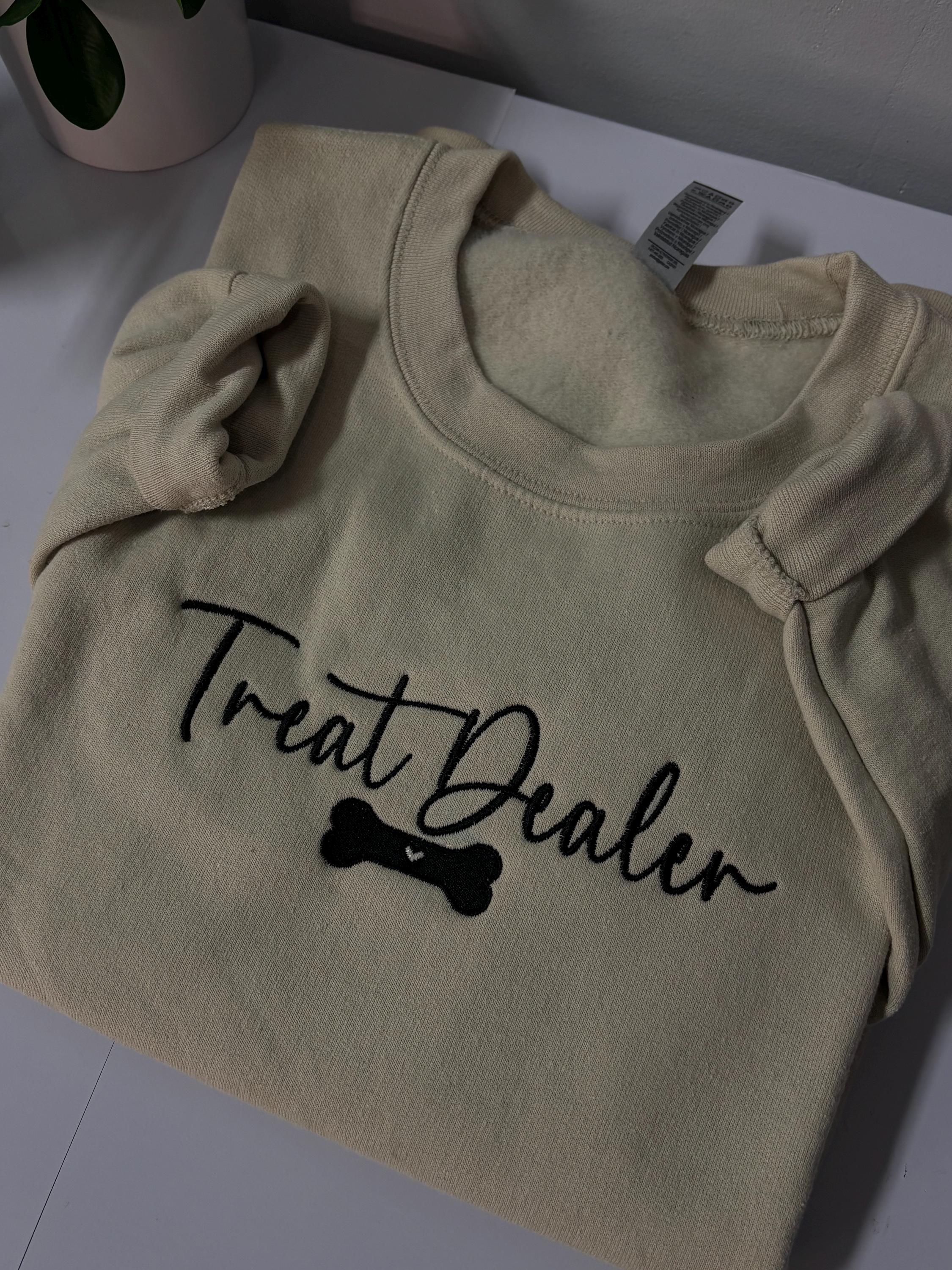Treat Dealer” Dog Lover Hoodie/Crewneck – Sand Color, Embroidered Sweatshirt, Pet Lover Gift, Trendy Minimalist Design