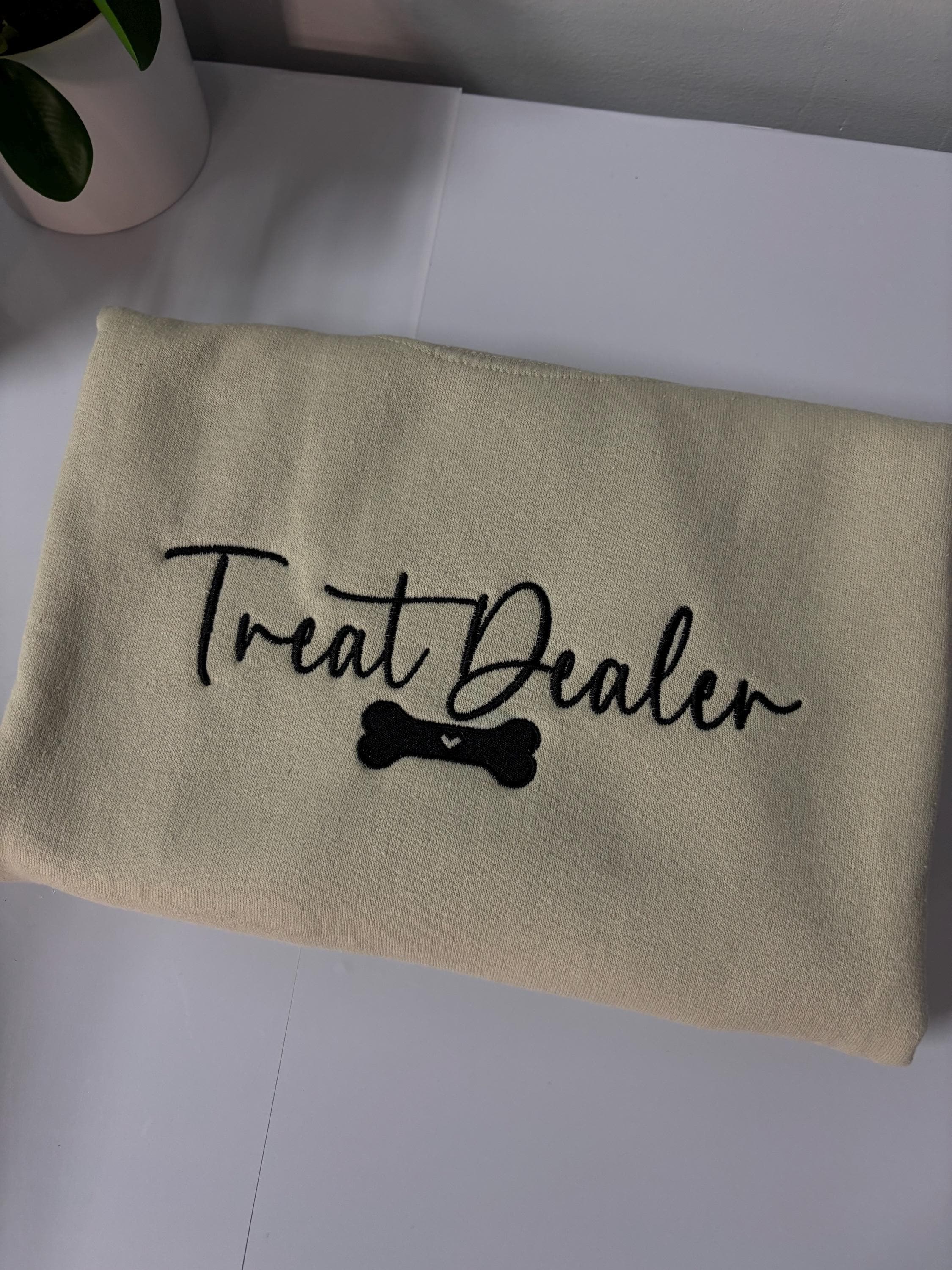Treat Dealer” Dog Lover Hoodie/Crewneck – Sand Color, Embroidered Sweatshirt, Pet Lover Gift, Trendy Minimalist Design - Thumbnail 2