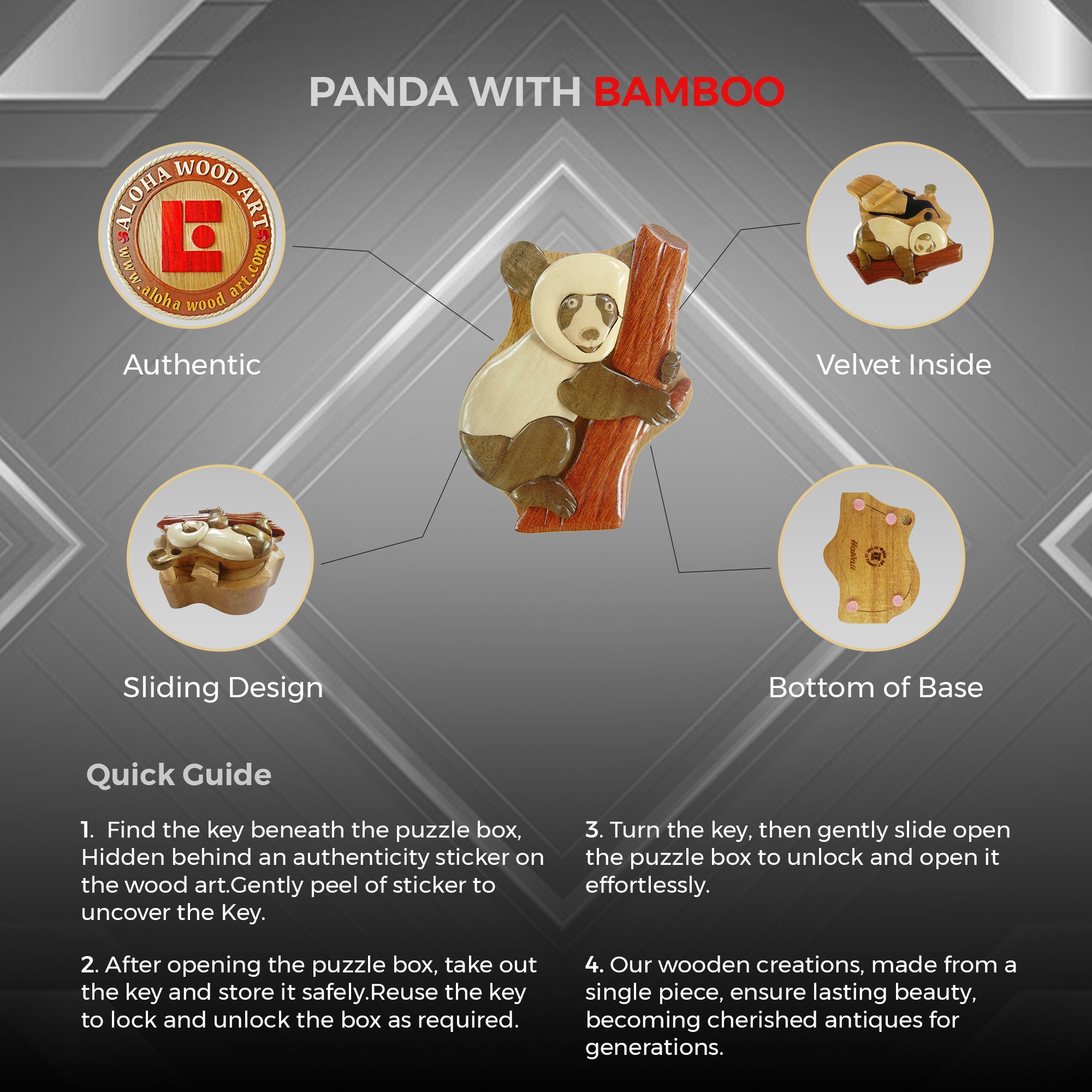 Panda con Bambú - Caja Puzzle de Madera