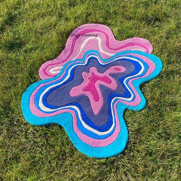 Pink & Sky Blue Rug Irregular Hand Tufted Amoeba Shaped Rug for Living Room Bed Room, Stylish Classy hand Rug for Daughter Office Rug4x6 5x8