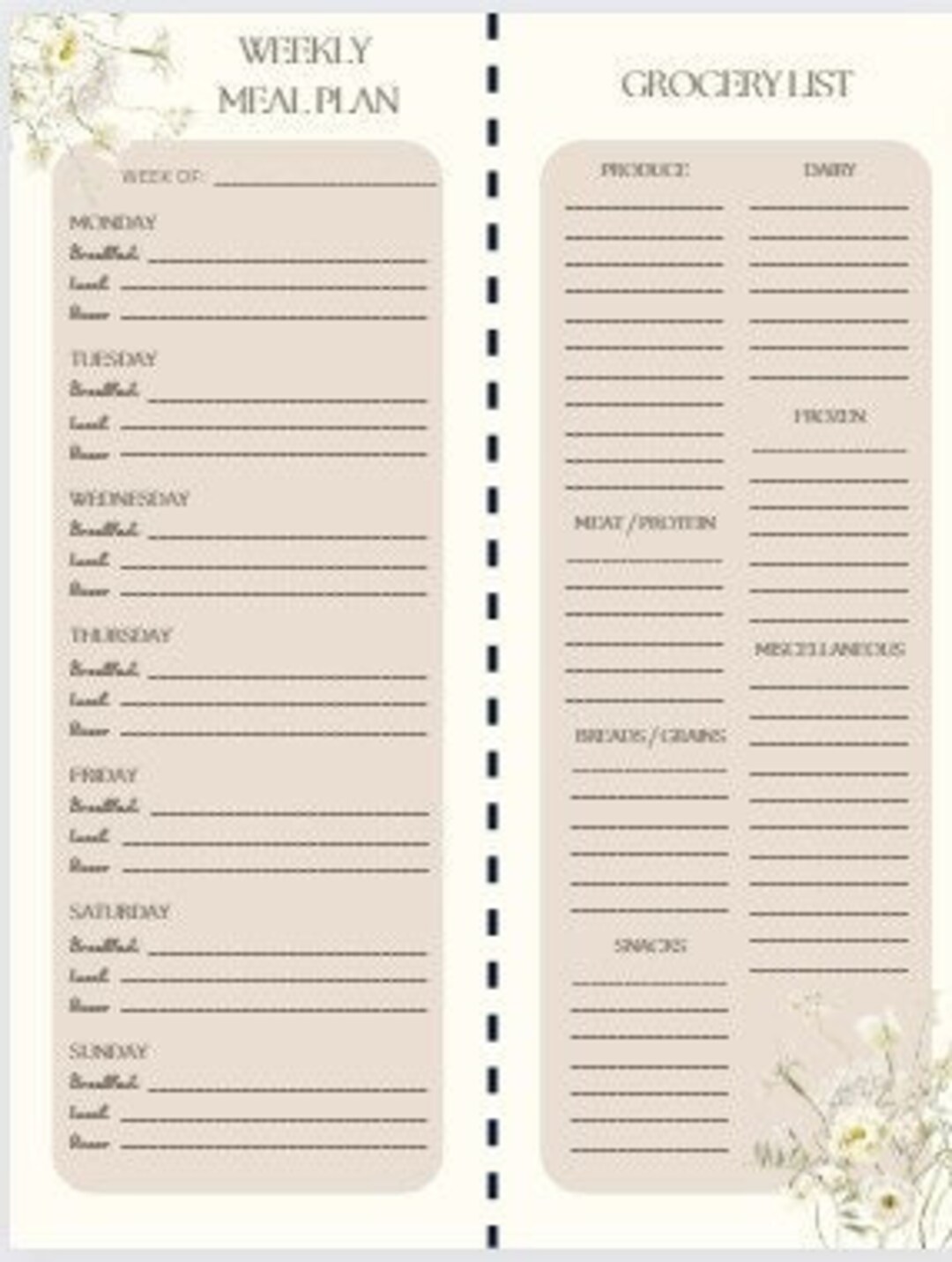 Simple Minimalist Weekly Meal Planner and Grocery List - Etsy