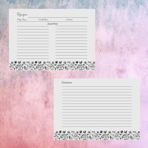 Black and White Wildflower Border Recipe Card, PDF Fillable or Handwritten, Printable, 3x5, 4x6, 5x7, Double-sided, PNG Download, Floral