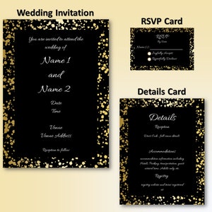 Glamour Wedding Invitations Set, 3 Different RSVP Cards, Details Card, 4 Border Colors, Text Color Choices