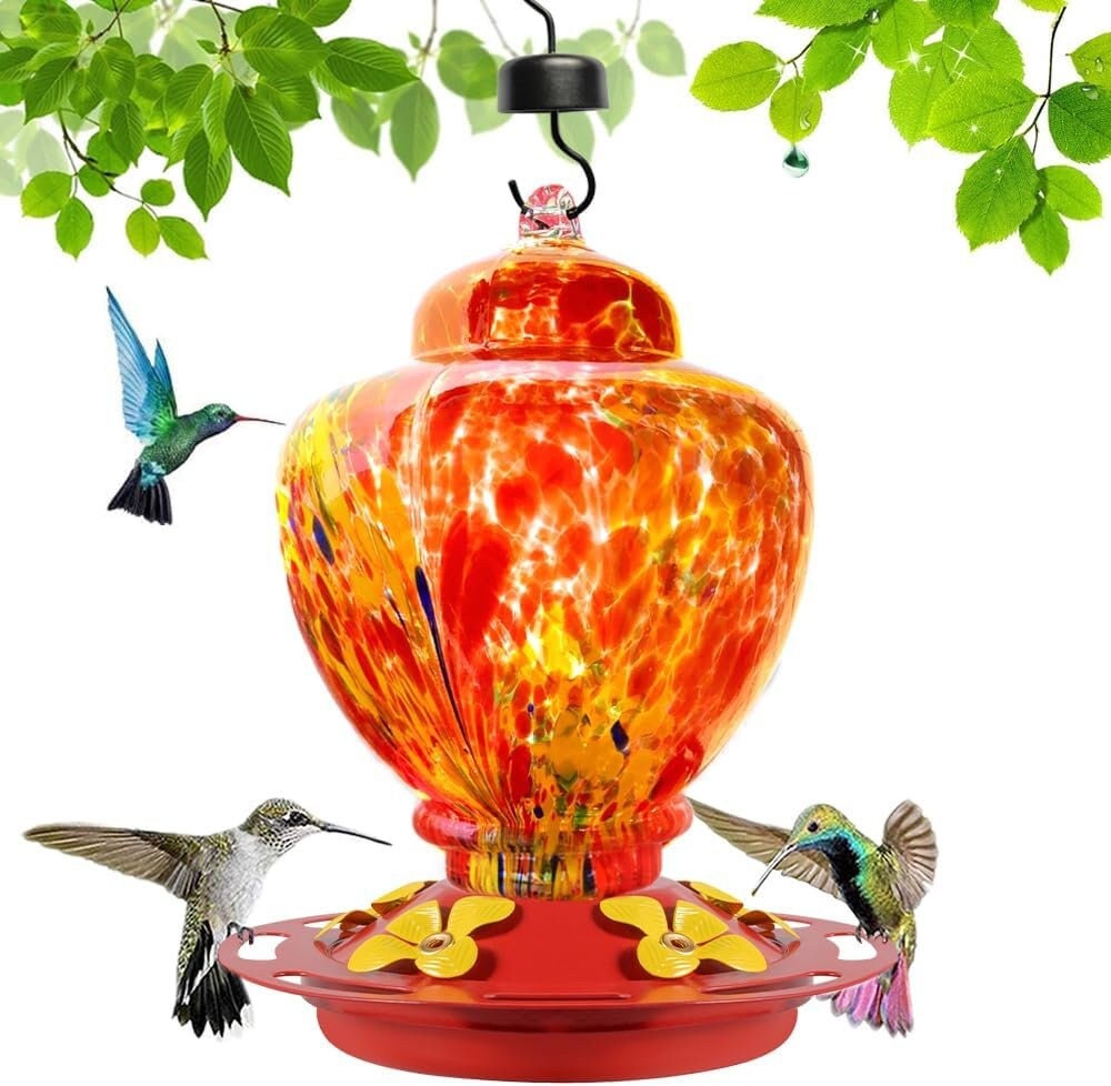 Muse Garden Unique Blown Glass Hummingbird Feeder, Orange Fireworks