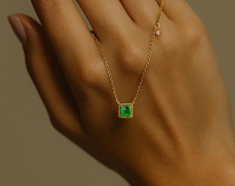 Green Cubic Zirconia Pendant: 14K Gold Plated Sterling Silver Necklace