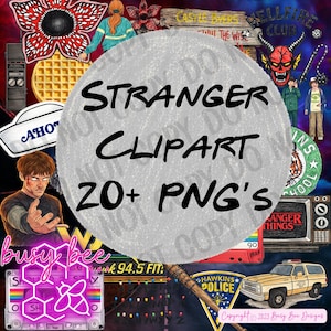 Puede incluir: Un collage digital con elementos de la serie Stranger Things. Incluye un Demogorgon, gofres, un televisor retro y el texto "STRANGER CLIPART 20+ PNG'S". Otros gráficos incluyen una placa de la policía de Hawkins y una cinta de cassette.