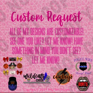 Demande personnalisée PNG | Sublimation | Sérigraphie | DTF | École | Sport | Équipes | Mascottes | Application de la loi | Boujee | Paillettes | Mignon