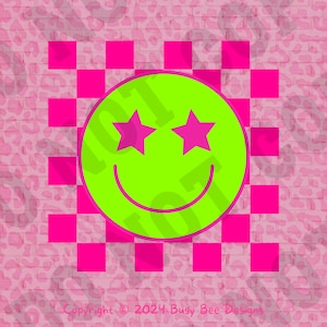 Neon Smiley Kariert PNG | Sublimationsdruck | Siebdruck | DTF | Grün | Gelb | Stern | Stimmung | Hell